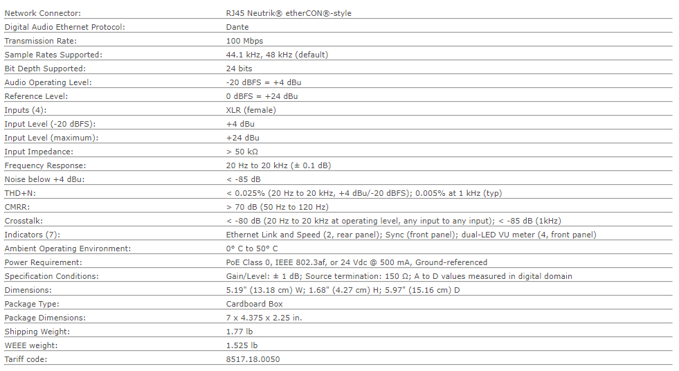 Dante Network Interface for Four Audio Line-Level Inputs